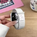 Detail view of woven nylon smartwatch loop band with cute rabbit patch and velcro closure. - 44/45/46/49MM Universal / Official Starlight (Rabbit)