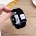 Black nylon loop watch band compatible with Apple Watch, featuring cute purple bow patch. - 44/45/46/49MM Universal / Deep Black (Bow)