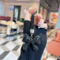 Rhinestone bow keychain, sparkling crystal bag charm, elegant car key ring accessory for women. - Black