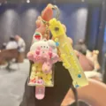 Cute cartoon rabbit ice cream keychain detail, quicksand trinket charm for bags and keys. - Quicksand Cream Rabbit Ice Cream - Yellow