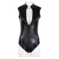 Black glossy sleeveless open-chest bodysuit cosplay costume detail showing front zipper and collar. - XS / Black