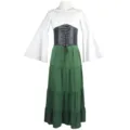 Medieval Renaissance women dress details, white long trumpet sleeves, black corset waist. - S / Green