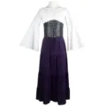 Medieval renaissance dress detail shot featuring trumpet sleeves, corset belt and purple skirt. - Deep purple