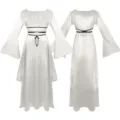 Medieval vintage style long sleeve dress detail showing the unique irregular hem and belt design. - S / White