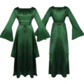 Détail de robe médiévale de face et de dos avec manches évasées et ceinture de taille. - Vert