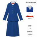 Girls blue cosplay dress costume with white lace collar and red bow tie for Halloween party. - 110 / Edward Nanny Dress