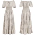 Medieval Renaissance vintage off shoulder women long dress cosplay costume solid beige - S / Off White