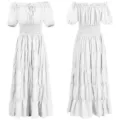Detailed view of white medieval renaissance off-shoulder long dress with smocked waist. - S / White