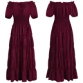 Detail view of medieval renaissance vintage women off shoulder burgundy long cosplay dress costume. - S / Burgundy