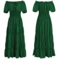 Detalle del vestido de cosplay medieval verde con diseño de hombros descubiertos y volantes. - Verde