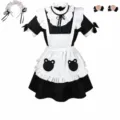 Cute black white maid costume set lolita anime cosplay outfit with bear apron and hair accessories - S / Bear Maid Costume