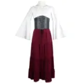 Medieval Renaissance Vintage Dress Long Bell Sleeve Corset Cosplay Burgundy White SKU - S / Red
