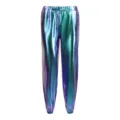 Close-up detail of holographic metallic shiny pants with elastic waist and cuffs, vibrant. - Metallic Blue