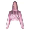 Holographic shiny pink metallic cropped hoodie with hood and drawstrings for women. - XS / Pink