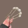 Elegant pearl hair fork U-shaped hairpin sparkling rhinestone bun maker hair accessories for women - 5-Pearl Wave Rhinestone Hairpin / Gold
