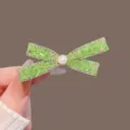 Korean sweet green rhinestone bow hair clip with pearl for women variant stylish sparkle accessory - Green Rhinestone Bow Duckbill Clip / Green