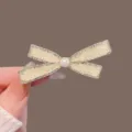 Korean sweet rhinestone bow hair clip, stylish sparkling pearl hairpin for women and girls. - Beige Rhinestone Bow Duckbill Clip / Creamy Yellow