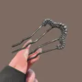 U-shaped hair fork pearl hair comb four-tooth hair pin elegant bun hair styling accessory women - Pearl Rhinestone Wave Hair Fork / Gunmetal