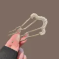 Elegant U-shaped pearl hair comb fork, four-teeth hairpin for classy bun styling. - Pearl Rhinestone Wave Hair Fork / Gold