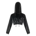 Black glossy crop hoodie PU leather long sleeve drawstring hooded top for women detail view - XS / Black