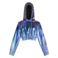 Close-up details of holographic metallic crop hoodie, shiny reflective fabric, adjustable drawstrings. - Laser Blue