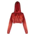 Details view of the red metallic cropped hooded sweatshirt, showing shiny fabric. - Laser Red