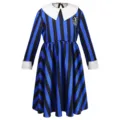 Kids Wednesday Addams school uniform dress blue black striped costume with white collar. - Blue