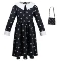 Kids Wednesday Addams black long sleeve costume dress with white collar and matching small handbag. - Kids 110 / Dresses / Black Print with Bag