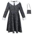 Kids Wednesday Addams black long sleeve dress with white collar and cuffs, cosplay costume set. - Kids 110 / Dresses / Black Floral with Bag