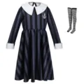 Kids Wednesday Addams Cosplay Dress Stripe Skirt with White Collar and Striped Socks - Dark Gray with Striped Socks
