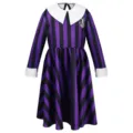 Kids long sleeve purple black striped dress with white collar and cuffs gothic cosplay costume - Purple