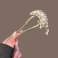 Pearl U-shaped hairpin, elegant gold hair fork with cascading faux pearls for styling. - Pearl Crescent Moon Hair Pin