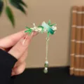 Pinza de pelo con borla de bambú estilo chino, elegante pinza de pico de pato con perlas. - Pinza Pico de Pato Bosque Vintage-Bambú Verde