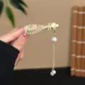 Elegant Chinese style hair clip with floral enamel and pearl tassel for hanfu and daily wear. - Pipa Side Clip