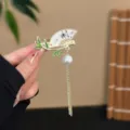 Chinese vintage hairpin fan bamboo pearl tassel side clip elegant Hanfu hair accessory - Ink Bamboo Joint Tassel