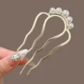 Gold U-shaped hair fork with pearl accent, four-tooth hair comb for elegant buns and styling. - Gold Five Pearls Hair Stick