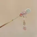 Chinese style hair stick with pink flowers pearls and long tassels for hanfu accessories - Yulu Fentang - Single Piece