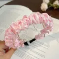 Pink ruffled fabric headband with teeth, elegant pleated hair hoop for women and girls daily wear. - Pink