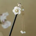 Chinese traditional style wooden hair stick with elegant white flower pendant and tassel chains. - White Magnolia Tassel Wooden Hair Stick