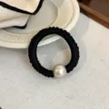 Black scrunchie hair tie with large faux pearl elegant hair accessory for daily styling - Black