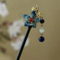 Vintage Chinese style wooden hairpin with blue flower and crystal tassel pendant for Hanfu. - Dark Cyan Lotus Tassel Wooden Hair Stick