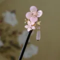 Chinese style wooden hair stick with pink flower pendant and tassel for women hanfu - Light Pink Peach Blossom Waterdrop Pendant Wooden Hair Stick