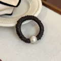Black pleated hair scrunchie with white pearl elegant daily versatile hair tie rope for women - Coffee