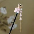 Traditional Chinese wooden hair stick with pink flower and gold tassel for Hanfu cheongsam. - Pink Flower Lily of the Valley Tassel Wooden Hair Stick
