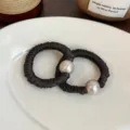 Dark brown silk scrunchie with large faux pearl elegant daily hair tie accessory for women - Two-Piece Set / Black