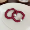 Burgundy satin scrunchie with large pearl accent, elegant pleated hair tie for daily styling - Two-Piece Set / Red
