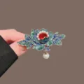 Chinese style hair clip vintage floral hairpin enamel side clip for women hanfu accessory - Blue Peony Red Rhinestone Pearl Pendant Duckbill Clip
