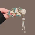 Chinese style enamel butterfly hair clip with pearl tassel for Hanfu Qipao dress. - Enamel Butterfly Flower Pearl Tassel Duckbill Clip