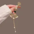 Traditional Chinese style metal pendant yajin with fan shape pearls and green bead. - Gold Cut-Out Round Fan Tassel Waist Pendant