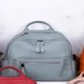 Detail shot of the pearl blue genuine leather backpack, showcasing large capacity and fine texture. - Blue (Artificial Pearl Decoration)